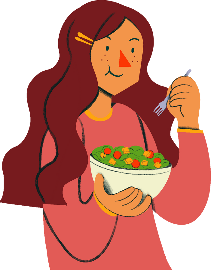 Geometric Flat Pencil Shaded Woman Eating Salad